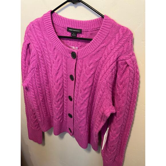 Something Navy Pink Knit Cardigan NWT Fuzzy Chunky Sweater Women’s Size XL - Picture 5 of 12